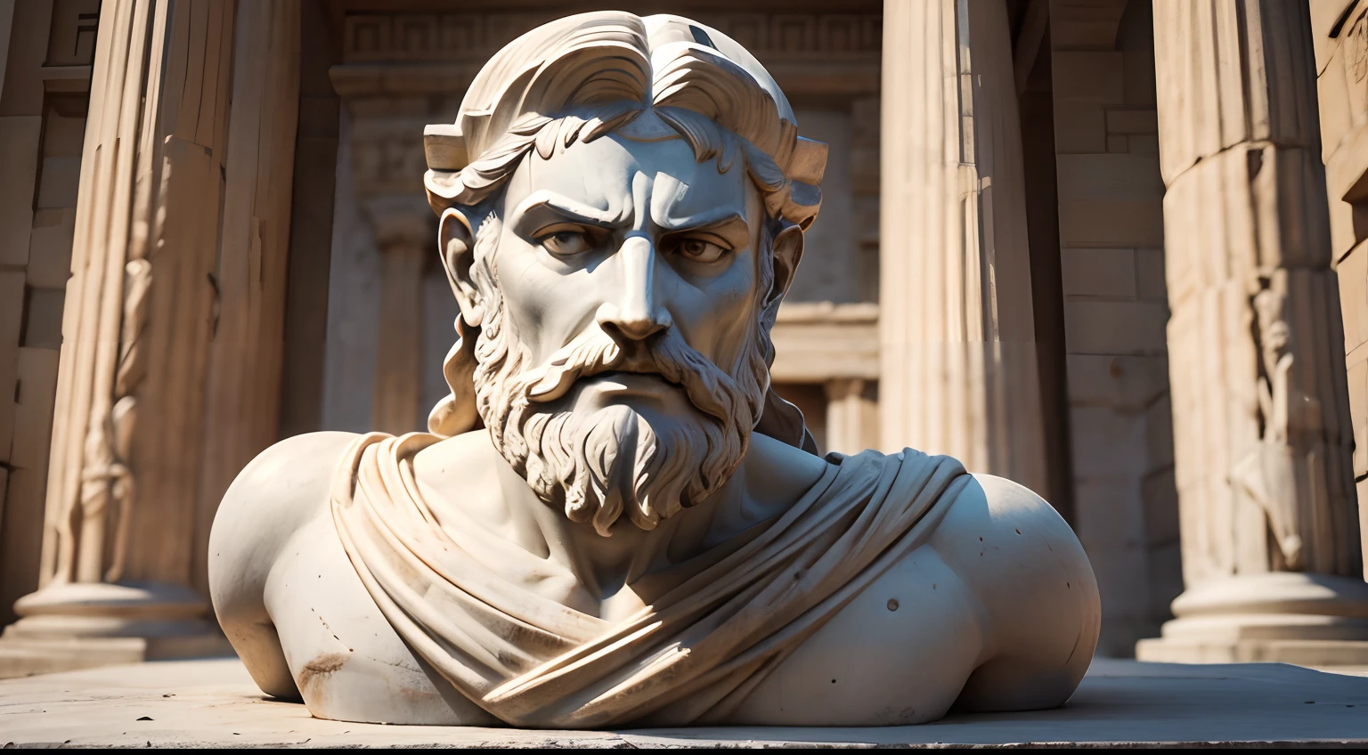 Ancient Greek statue with angry expression, tem barba, Filmado em Sony A7S III com Sony FE 35mm f/1.8, 12.1 MP, --AR 3:2 --estilo cru
