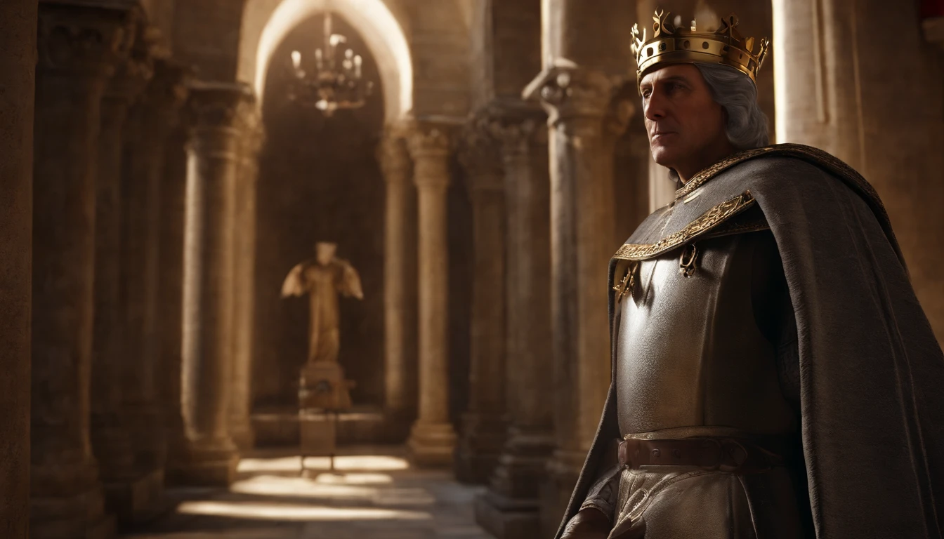 Create a realistic 3D rendering of King Baldwin IV of Jerusalem, o Rei Leproso. Highlight Her Majesty and Leadership, apesar dos desafios da lepra. Add an iron mask and a plaster statue to symbolize your struggle and determination. O fundo deve ser cinza, emphasizing their loneliness and resilience.