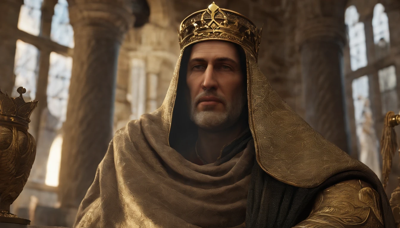 Create a realistic 3D rendering of King Baldwin IV of Jerusalem, o Rei Leproso. Highlight Her Majesty and Leadership, apesar dos desafios da lepra. Add an iron mask and a plaster statue to symbolize your struggle and determination. O fundo deve ser cinza, emphasizing their loneliness and resilience.