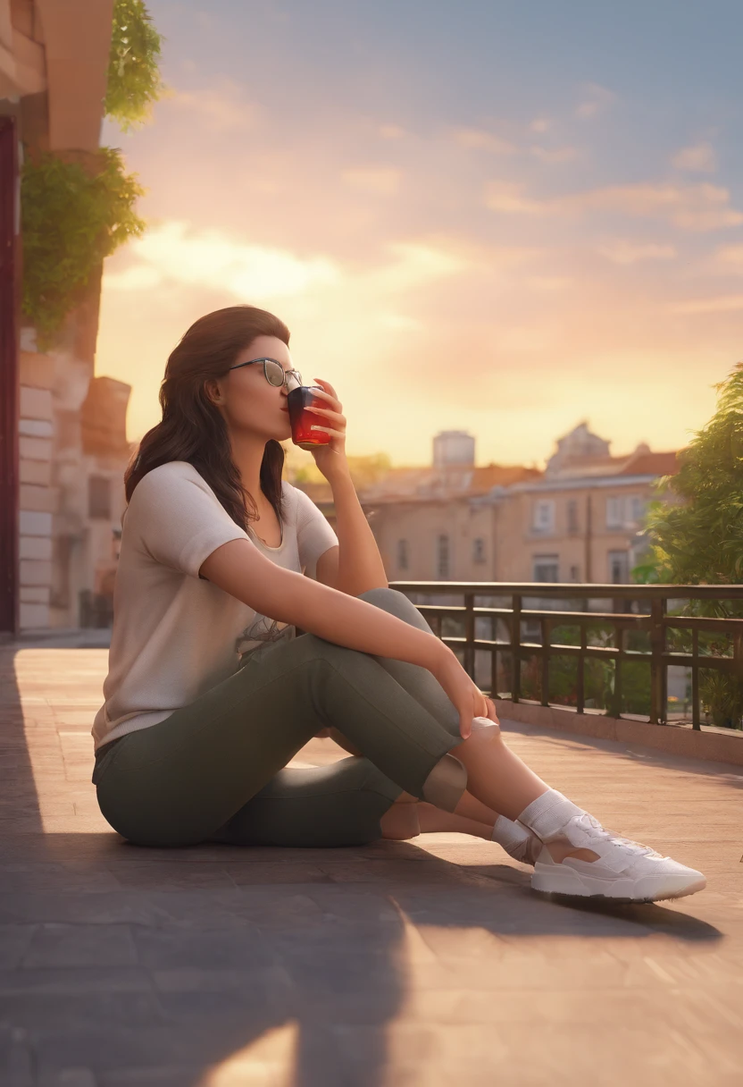 European brunette woman in her twenties with glasses, Tinted Black, de soleils en Terrace, Sitting in profile in the sun setting in the late evening, with moderate breasts, portant une veste noir avec un t-shirt rouge, et un jean gris, drinking coffee, Smoke can be realistic preview, 4k HD High Resolution,