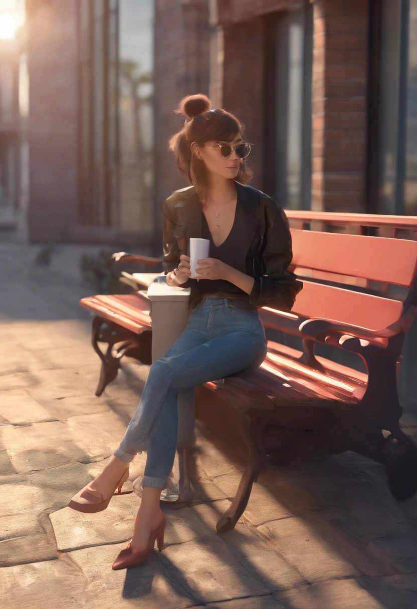European brunette woman in her twenties with glasses, Tinted Black, de soleils en Terrace, Sitting in profile in the sun setting in the late evening, with moderate breasts, portant une veste noir avec un t-shirt rouge, et un jean gris, drinking coffee, Smoke can be realistic preview, 4k HD High Resolution,