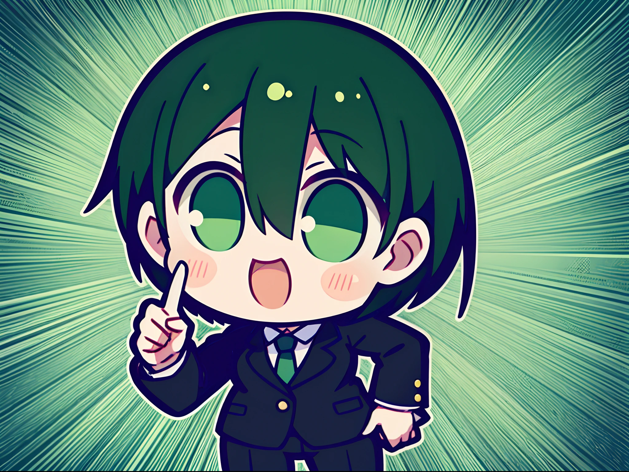 Short girl with green and black hair,Wear a suit,Make a peace sign with one hand