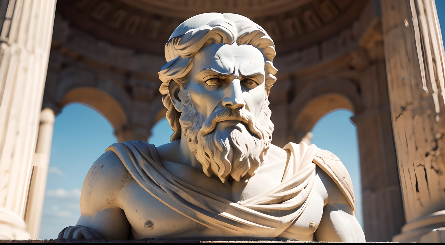 Ancient Greek statue with angry expression, tem barba, Filmado em Sony A7S III com Sony FE 35mm f/1.8, 12.1 MP, --AR 3:2 --estilo cru