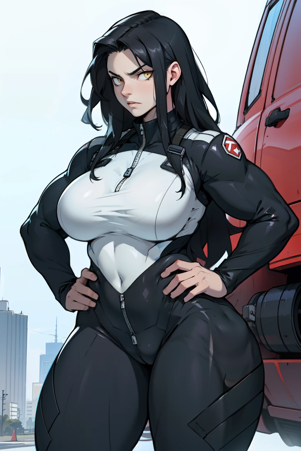 1girl black hair yellow eyes very long hair pale skin angry muscular thick thighs huge breasts curvy wide hips thin waist pilot suit bodysuit skintight
