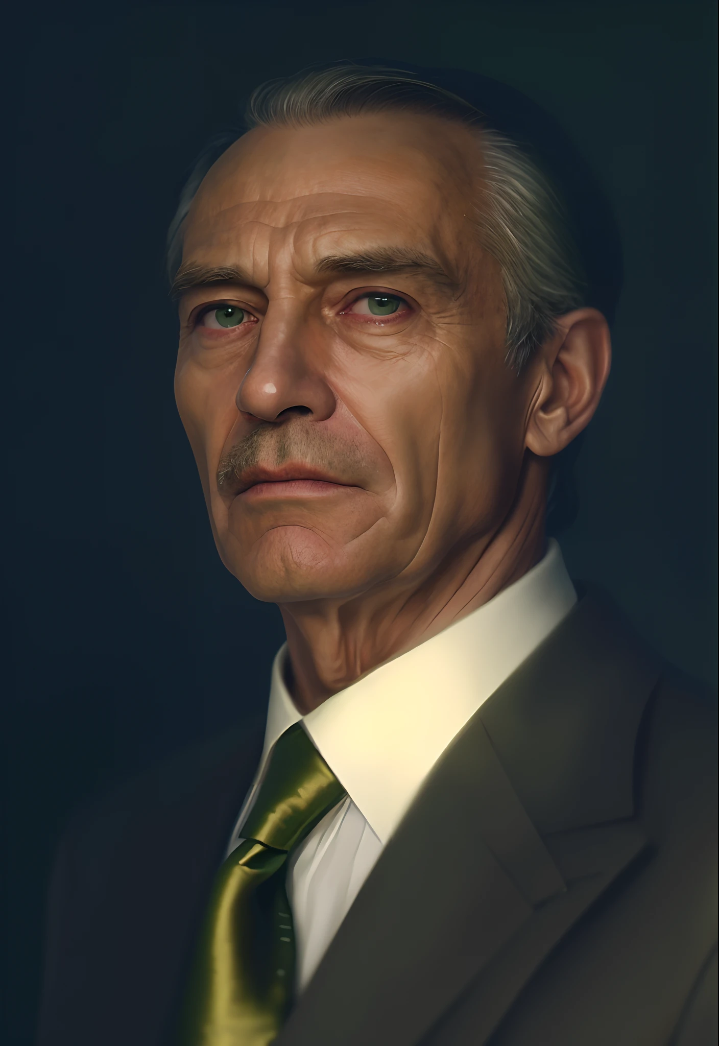 a man 60 years old, dressed with a dark green suit, gold and green tie, white shirt, (photorealistic: 2)
