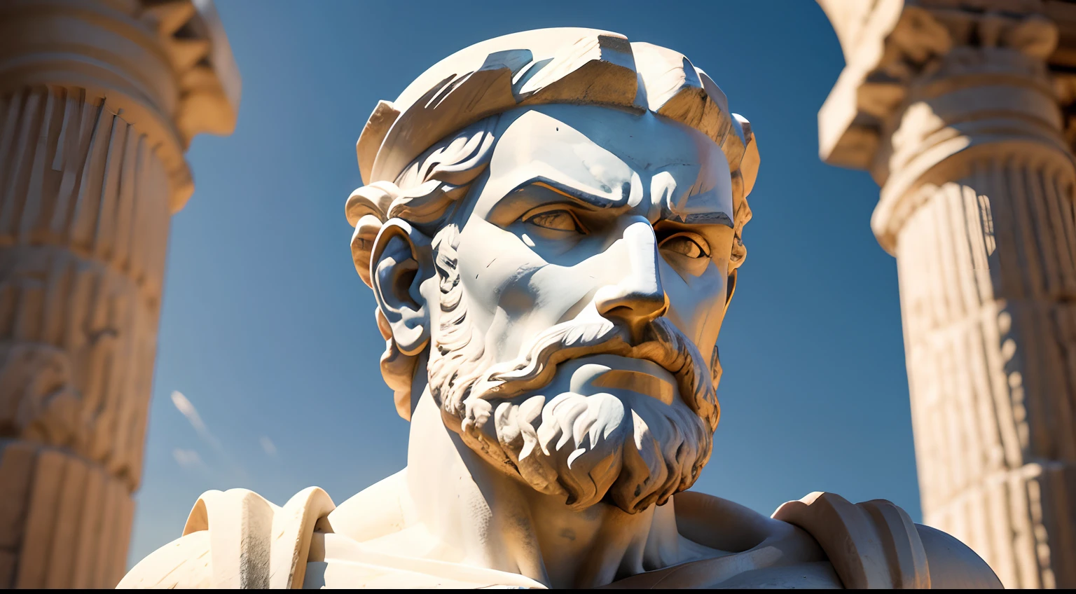 Ancient Greek statue with angry expression, tem barba, Filmado em Sony A7S III com Sony FE 35mm f/1.8, 12.1 MP, --AR 3:2 --estilo cru