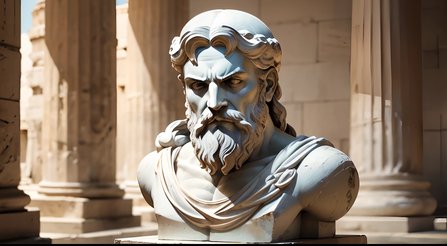 Ancient Greek statue with angry expression, tem barba, Filmado em Sony A7S III com Sony FE 35mm f/1.8, 12.1 MP, --AR 3:2 --estilo cru