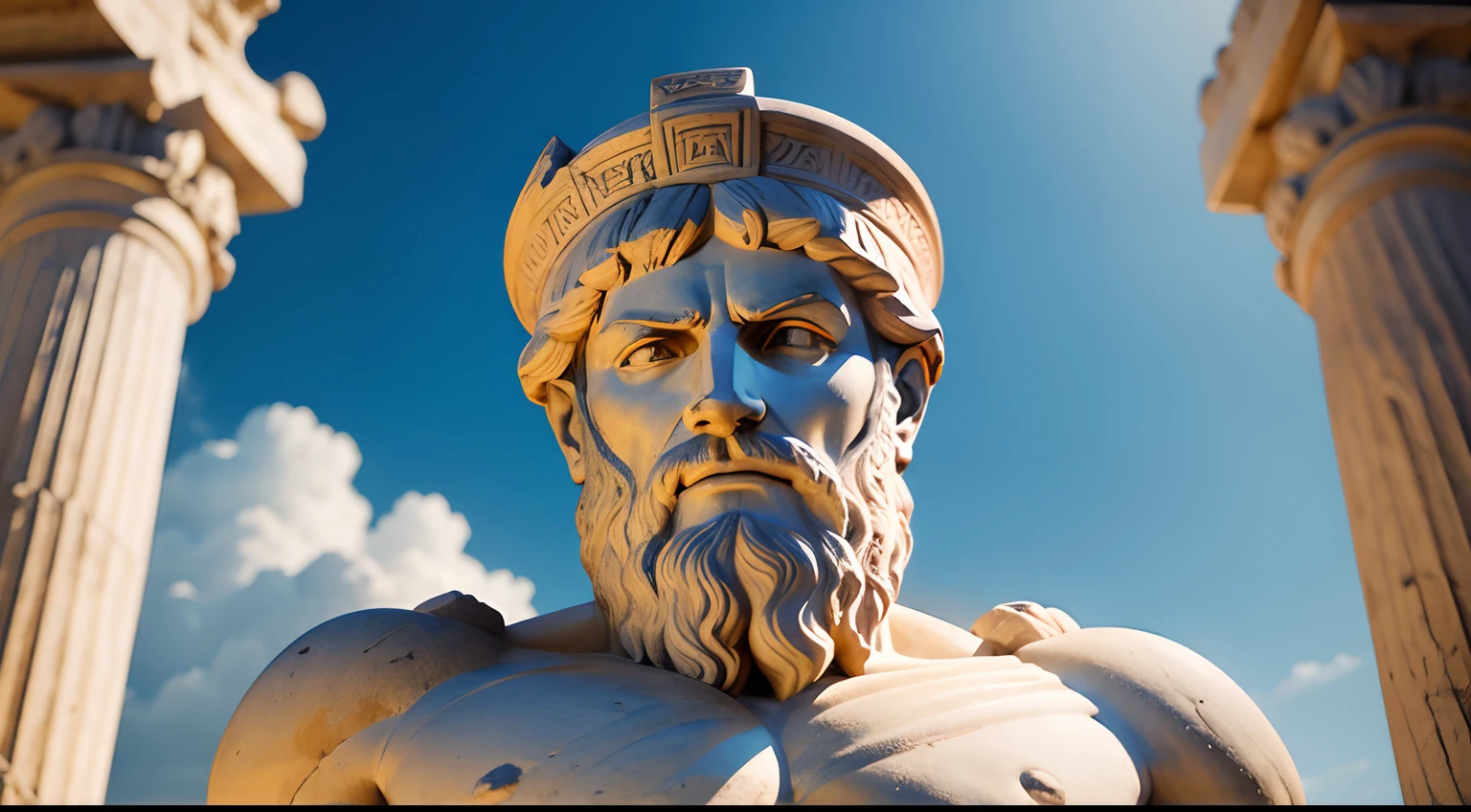 Ancient Greek statue with angry expression, tem barba, Filmado em Sony A7S III com Sony FE 35mm f/1.8, 12.1 MP, --AR 3:2 --estilo cru
