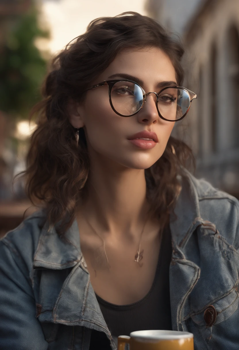 European brunette woman in her twenties with glasses, Tinted Black, de soleils en Terrace, Sitting in profile in the sun setting in the late evening, with moderate breasts, portant une veste noir avec un t-shirt rouge, et un jean gris, drinking coffee, Smoke can be realistic preview, 4k HD High Resolution