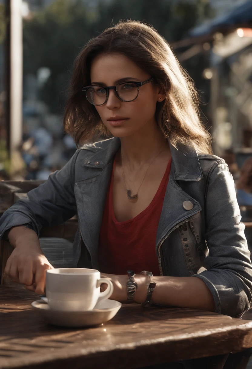 European brunette woman in her twenties with glasses, Tinted Black, de soleils en Terrace, Sitting in profile in the sun setting in the late evening, with moderate breasts, portant une veste ???? avec un t-shirt rouge, et un jean gris, drinking coffee, Smoke can be realistic preview, 4k HD High Resolution
