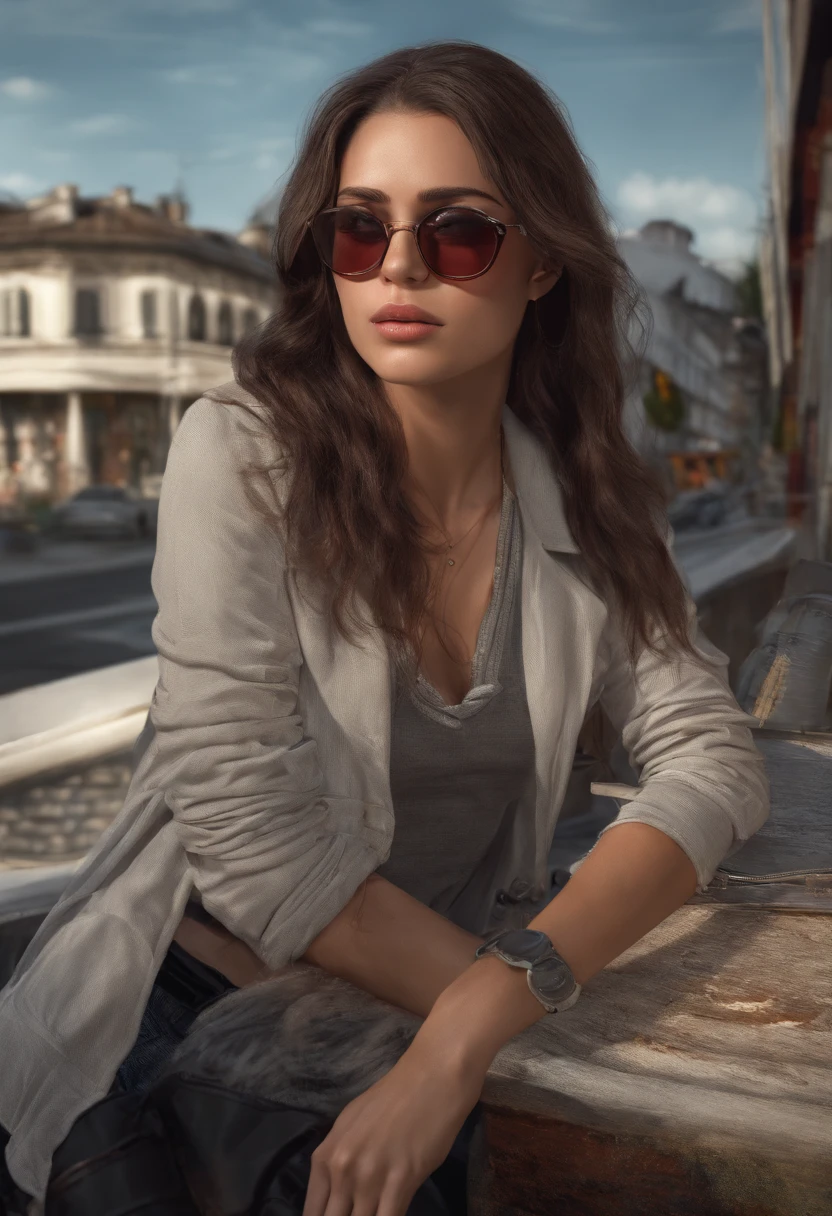 European brunette woman in her twenties with glasses, Tinted Black, de soleils en Terrace, Sitting in profile in the sun setting in the late evening, with moderate breasts, portant une veste noir avec un t-shirt rouge, et un jean gris, drinking coffee, Smoke can be realistic preview, 4k HD High Resolution