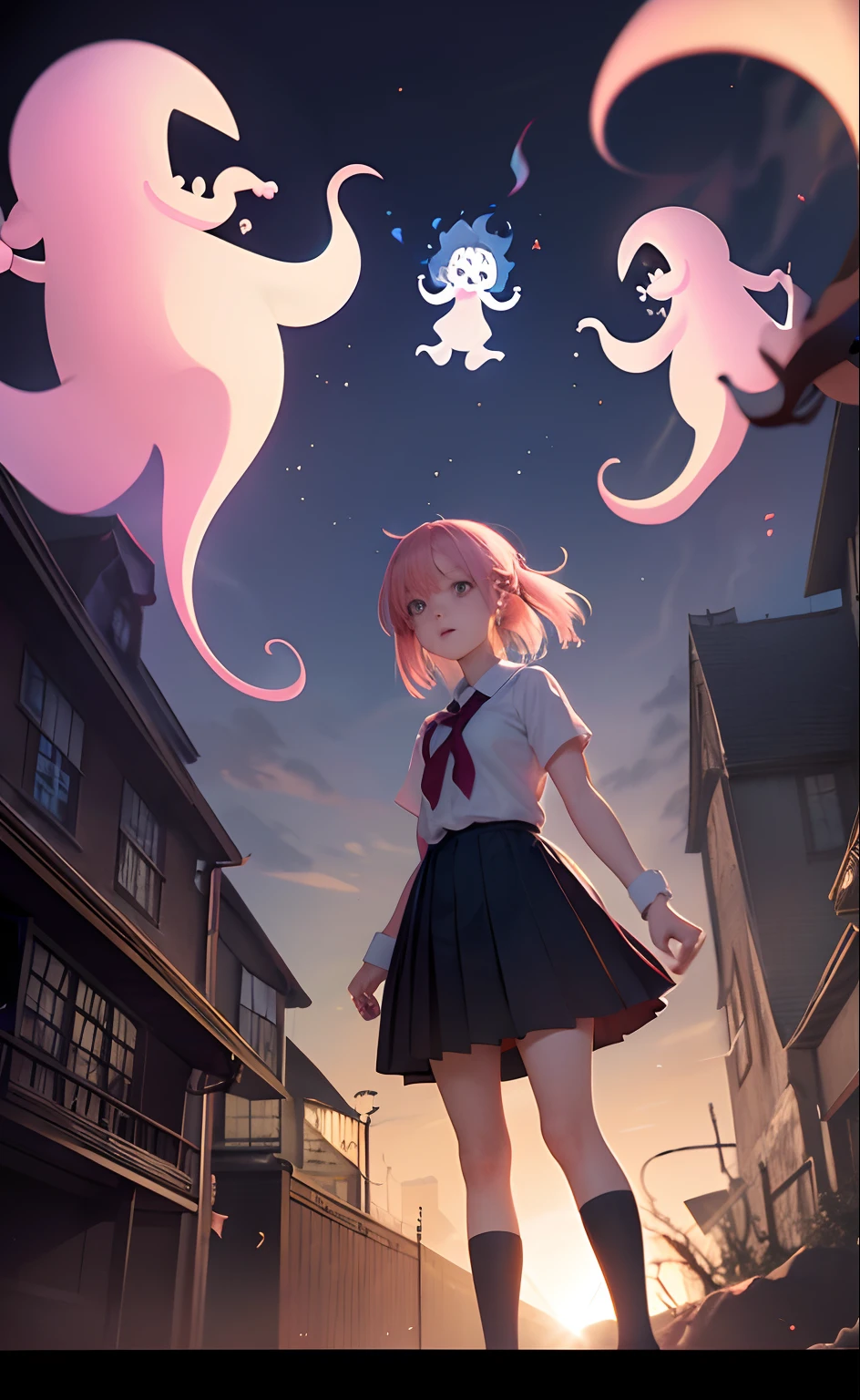 masutepiece, Best Quality, girl exploring a haunted theme park, haunted by cute chibi ghosts, Cute, capricious, Glow, blazing, Fun, Silly, Mystical, Magical, arcane, funny, amusing