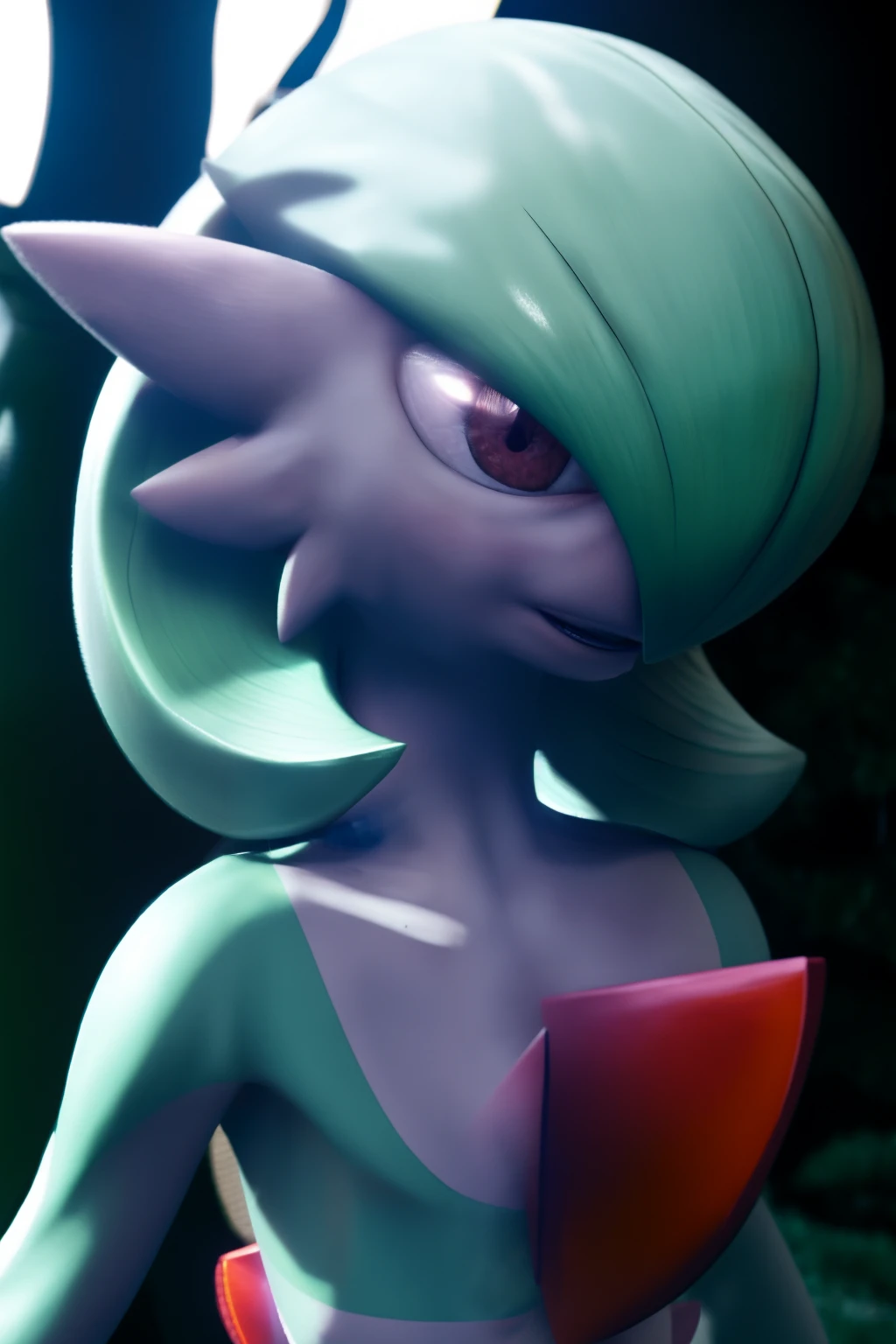 ((realistic)), ((photorealistic)),((high-res, masterpiece, best quality, cinema lighting)), masterpiece, best quality:1.2), upper body, solo, masterpiece, best quality, 4k, photograph, cinematic, modelshoo ,ultra realistic 8k cg, masterpiece, ((ultra detailed background, delicate pattern, intricate detail)), (highly detailed, fine details), best quality, (photorealistic:1.4), absurdres, RAW photo,masterpiece, best_quality, ((1girl 1.3)), solo, ((gardevoir 1.4)), creatures \(company\), game freak, nintendo, pokemon, pokemon \(game\), bangs, colored skin, female focus, gen 3 pokemon, green hair, green skin, hair over one eye, multicolored skin, pokemon \(creature\), red eyes, short hair, two-tone skin, white skin, soft smile,cute, day, forest