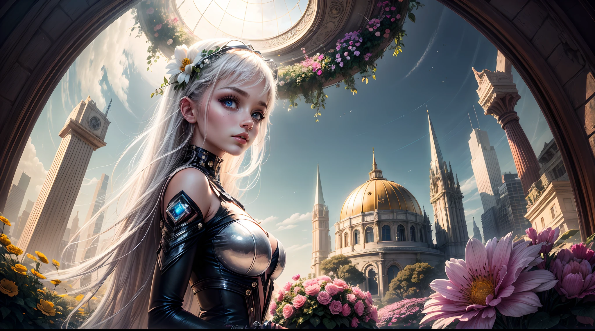 In the heart of San Francisco, a crystal-clear dome encloses a futuristic garden where vibrant flowers bloom under the watchful gaze of a girl with eyes that sparkle like the cosmos, tending to the otherworldly flora, a fusion of natural beauty and technological wonder.
