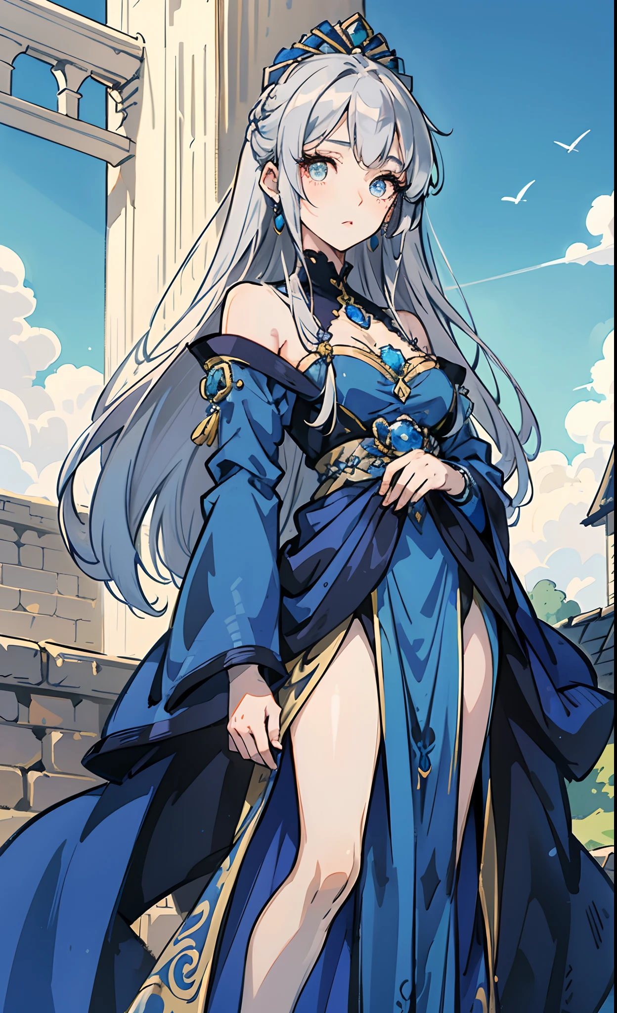 Menina madura, cabelos brancos ao vento, amber colored eyes, anime girl, trages azul medieval, silver accessories, brinco de diamante azul, rosto delicado, vestido azul medieval, blue skies, rosas brancas.