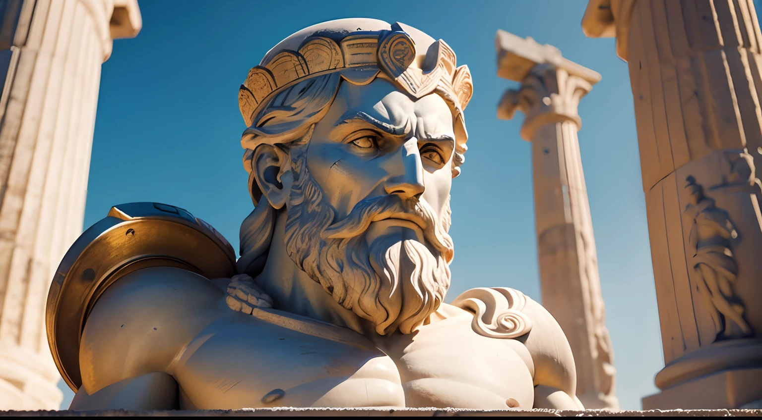 Ancient Greek statue with angry expression, tem barba, Filmado em Sony A7S III com Sony FE 35mm f/1.8, 12.1 MP, --AR 3:2 --estilo cru