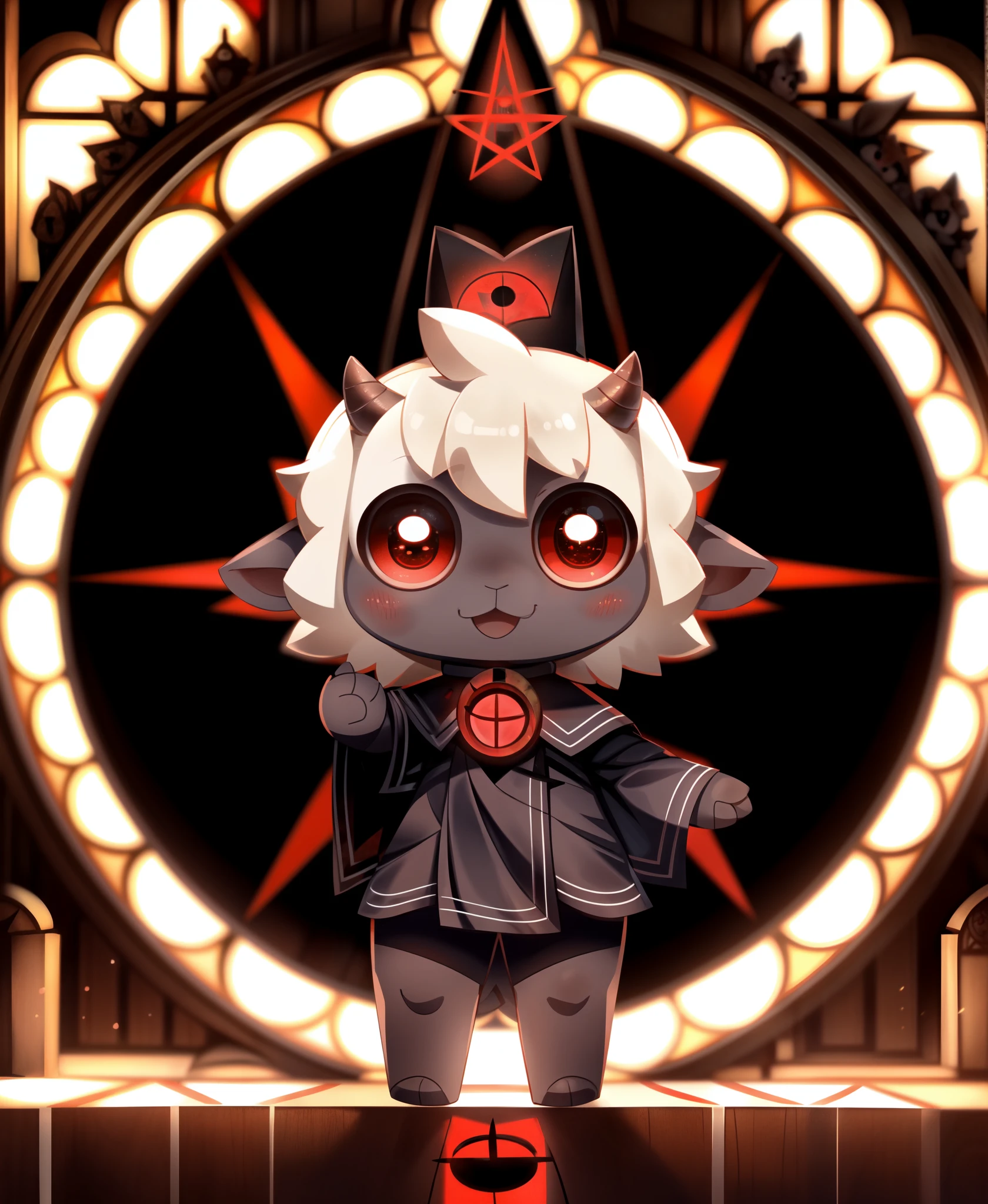 (lamb \(cult of the lamb\)), chibi, stained glass, church setting, looking at viewer, red eyes, ears, horizontal pupils, pentagram, horn, white sclera,
by Kyoto Animation,