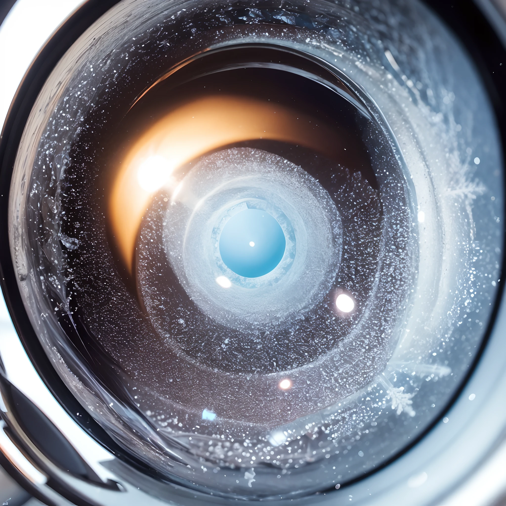 View of a snowflake in fish eye lens, macro photography, realistic