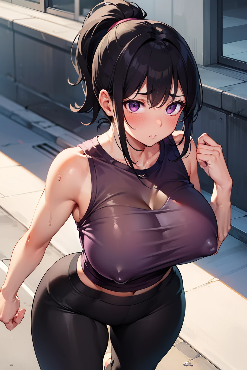 gym, workout, hot, sweating, sweaty, tan, big boobs, tan skin, flustered, blush, purple clothes, see thru, yoga pants, black hair, walking on street, city, walk thru the city, ponytail, looking up, above angle, looking up, camera looking down, camera looking down at girl, camera above girl, girl looking up at camera, girl looking straight up