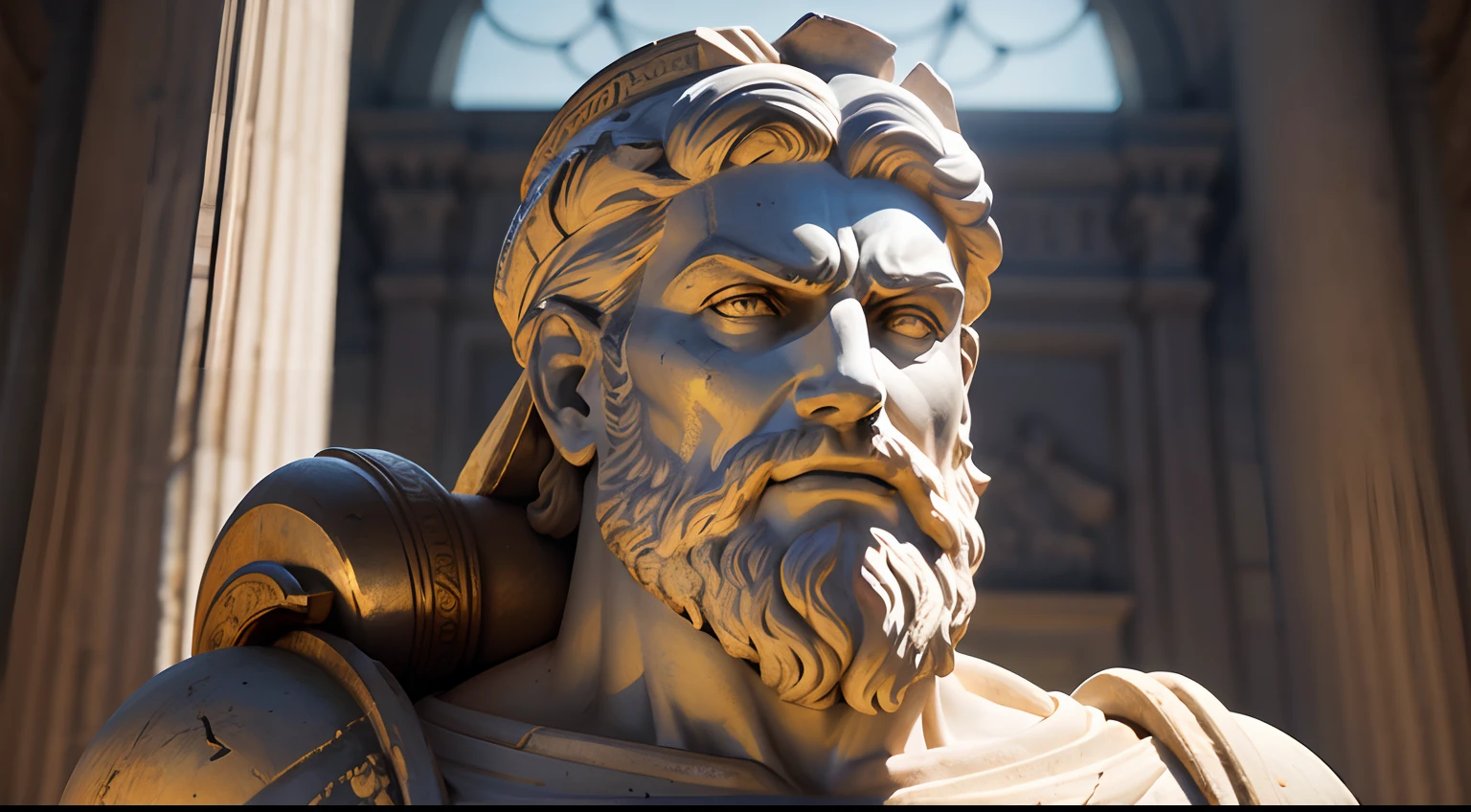 Ancient Greek statue with angry expression, tem barba, Filmado em Sony A7S III com Sony FE 35mm f/1.8, 12.1 MP, --AR 3:2 --estilo cru