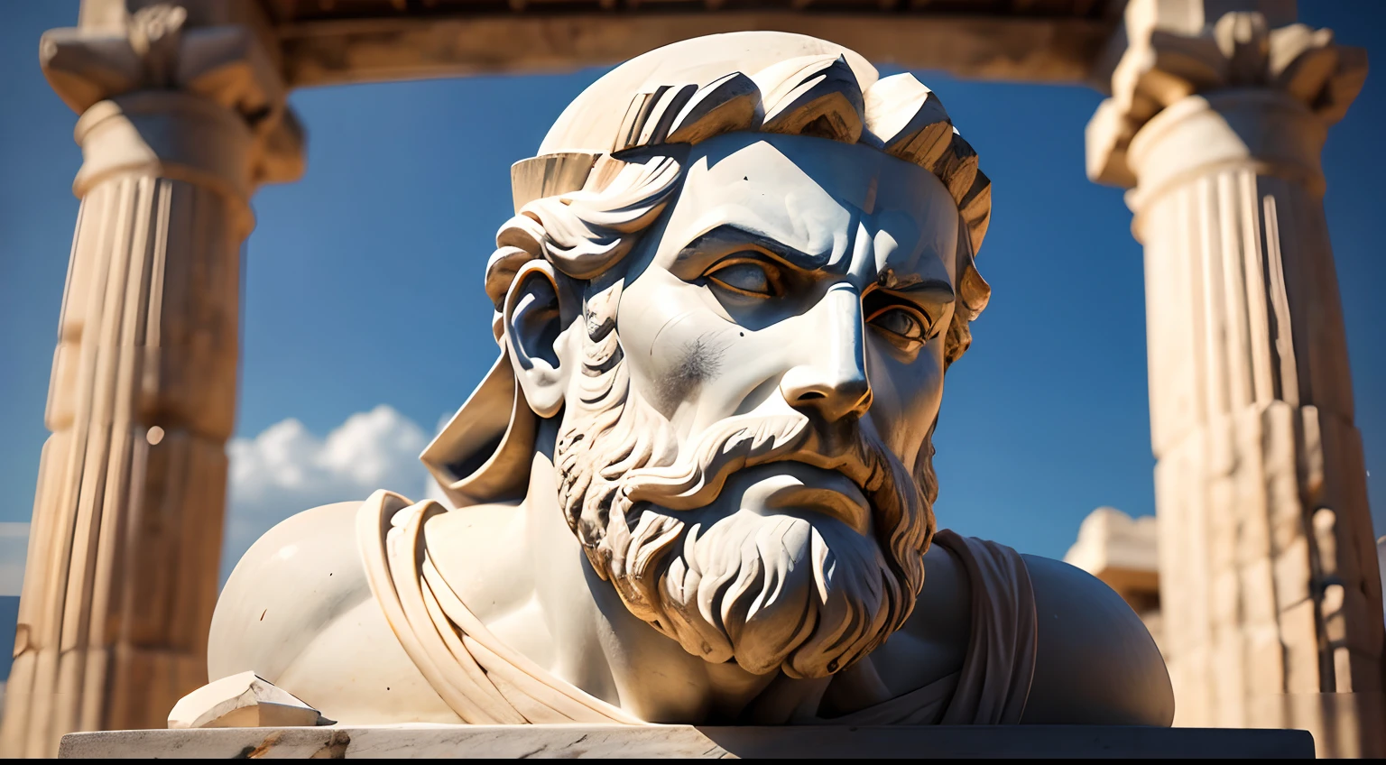 Ancient Greek statue with angry expression, tem barba, Filmado em Sony A7S III com Sony FE 35mm f/1.8, 12.1 MP, --AR 3:2 --estilo cru