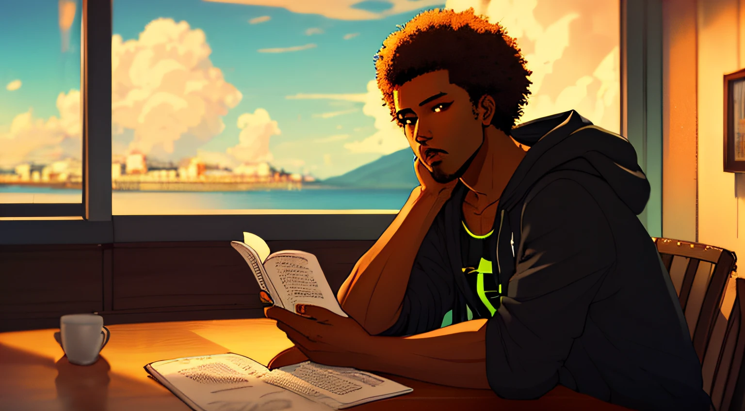 best quality, more details, masterpiece, 1boy, portrait, male focus, brown eyes, solo, looking at viewer, hood, afro hair, sunny, Jamaica \(country\), black hair, luxurious, 8k, detailed, ray tracing, depth of field, cinematic lighting, like edgerunners, neon, dark skin, sitting at a table in a cafe drinking coffee and reading a book