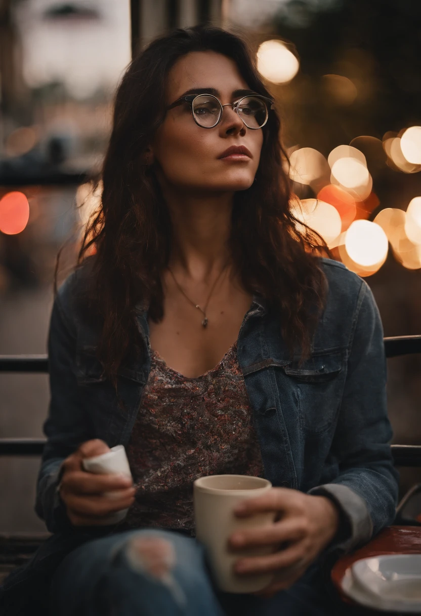 European brunette woman in her twenties with glasses, Tinted Black, de soleils en Terrace, Sitting in profile in the sun setting in the late evening, with moderate breasts, portant une veste noir avec un t-shirt rouge, et un jean gris, drinking coffee, Smoke can be realistic preview, 4k HD High Resolution