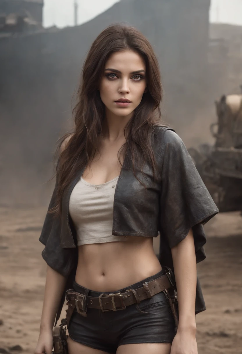 A Breathtaking Girl, dark brown eyes, slanted, long hair, dark flowing , corpo suado, blusa branca (Post-apocalyptic punk cloak, short shorts, bota, Mechanical Equipment), fantasy art melhor qualidade de pele textura real, Atmosfera do filme, roupas esfarrapadas, (Post-apocalyptic punk, Post-apocalyptic fiction), colar dourado (best quality, master part, profundidade de campo, Full HD, 4k, riqueza de detalhes), Estilo Retrato