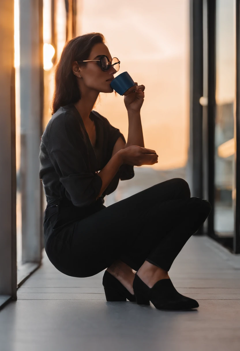 European brunette woman in her twenties with glasses, Tinted Black, de soleils en Terrace, Sitting in profile in the sun setting in the late evening, with moderate breasts, portant une veste noir avec un t-shirt rouge, et un jean gris, drinking coffee, Smoke can be realistic preview, 4k HD High Resolution