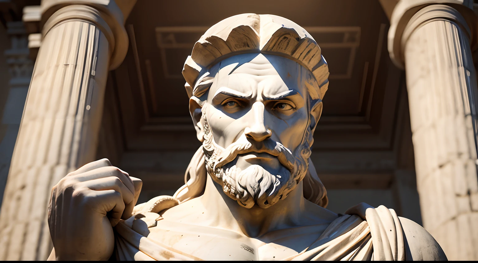 Ancient Greek statue with angry expression, tem barba, Filmado em Sony A7S III com Sony FE 35mm f/1.8, 12.1 MP, --AR 3:2 --estilo cru