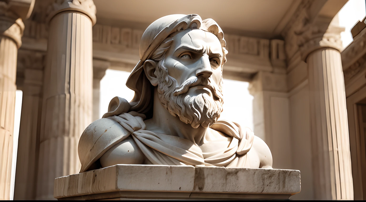 Ancient Greek statue with angry expression, tem barba, Filmado em Sony A7S III com Sony FE 35mm f/1.8, 12.1 MP, --AR 3:2 --estilo cru