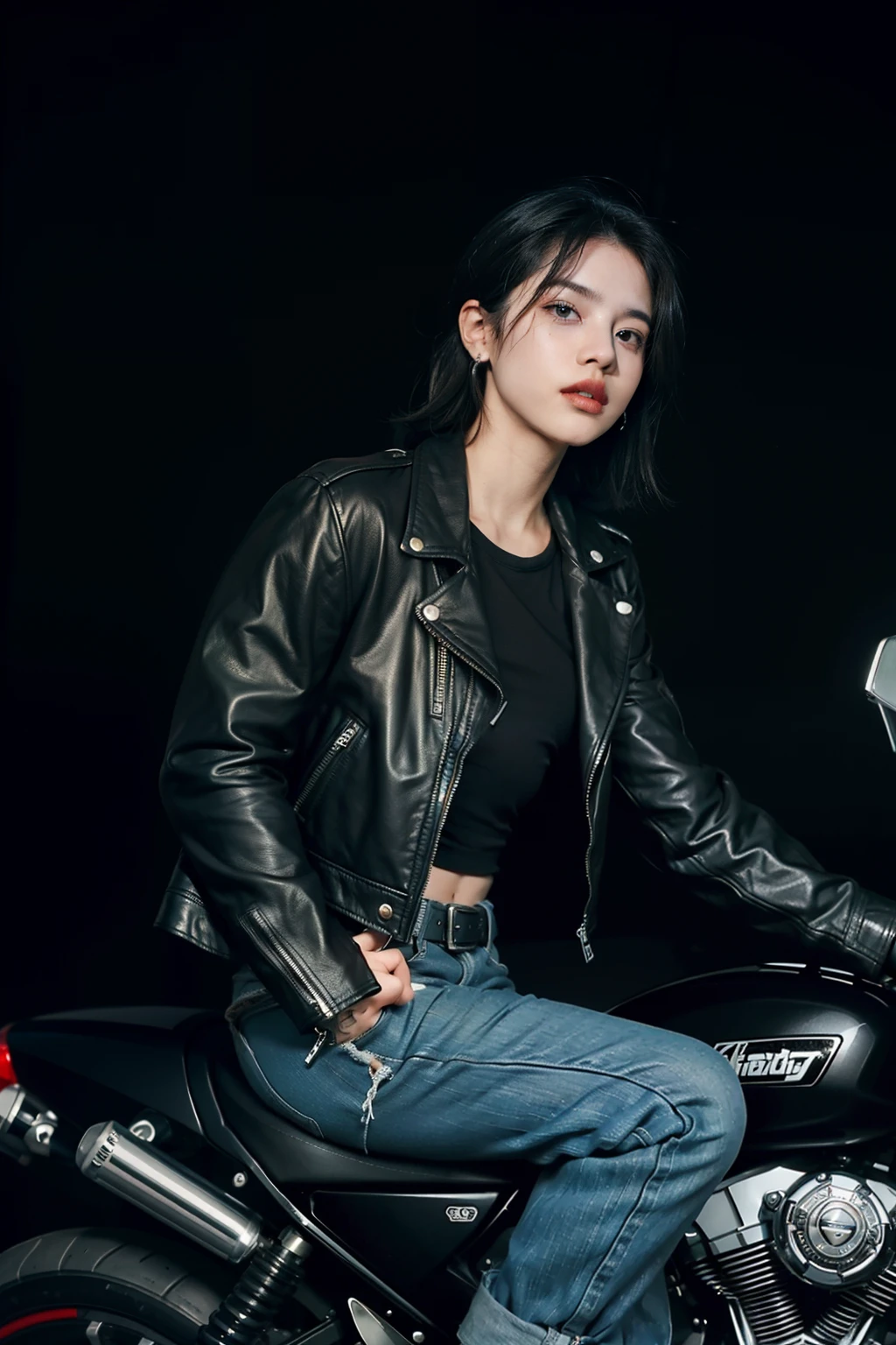 The AI-generated image of Jimin as a biker exudes a nervous, rebellious vibe. Their facial features are accurately portrayed, Capturing Her Charming, Youthful Appearance. Her hair is shaggyly combed, giving a carefree and wild look.

Jimin is dressed in a black leather jacket adorned with various patches and studs, mostrando sua personalidade de motociclista. Por baixo da jaqueta, He wears a tight black t-shirt that accentuates his toned physique. His jeans are ripped at the knees, aumentando sua imagem de bad boy. Completando o traje, He wears black leather boots that reach to the middle of his calf, giving it a rugged and sturdy appearance.

A notable feature is a small silver piercing on the left earlobe, Adding an extra touch of rebelliousness to your overall look. The piercing complements your facial structure and enhances your already captivating features.

A imagem gerada por IA de Jimin como um motociclista com roupas de bad boy e piercing captura sua versatilidade e capacidade de incorporar estilos diferentes, Keeping your charm undeniable.