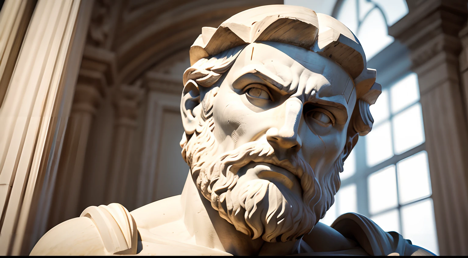 Ancient Greek statue with angry expression, tem barba, Filmado em Sony A7S III com Sony FE 35mm f/1.8, 12.1 MP, --AR 3:2 --estilo cru
