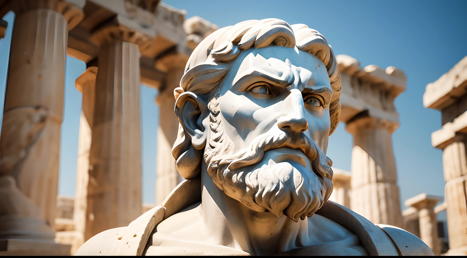 Ancient Greek statue with angry expression, tem barba, Filmado em Sony A7S III com Sony FE 35mm f/1.8, 12.1 MP, --AR 3:2 --estilo cru