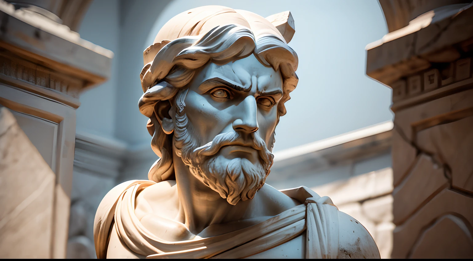 Ancient Greek statue with angry expression, tem barba, Filmado em Sony A7S III com Sony FE 35mm f/1.8, 12.1 MP, --AR 3:2 --estilo cru