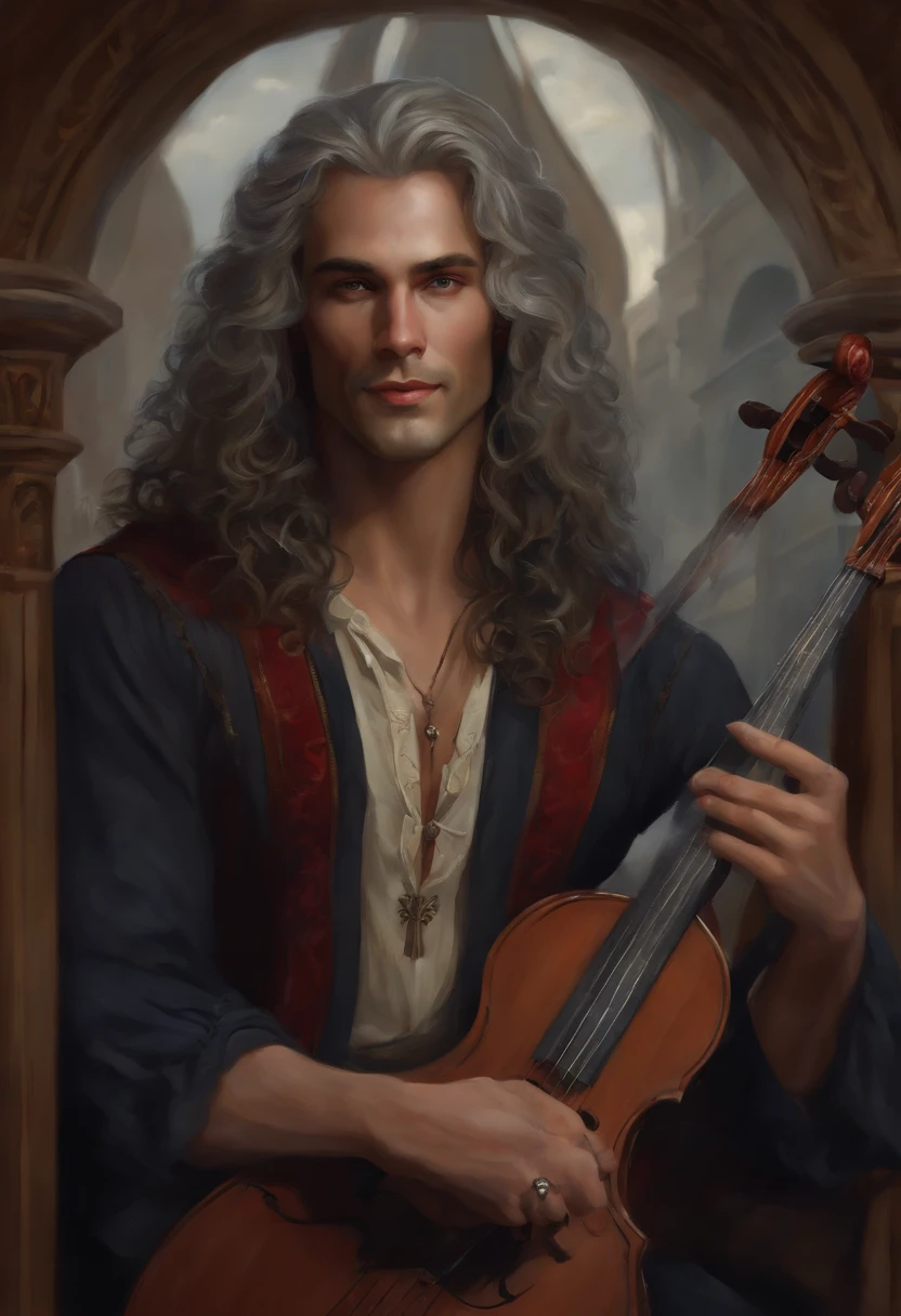 (Realism: 1.4), best quality, masterpiece, male, slim, muscular,, fair skin, long curly gray hair, red eyes, smile, bard, do not disturb, lute on back