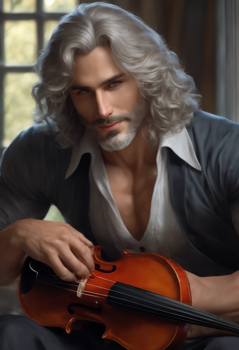 (Realism: 1.4), best quality, masterpiece, male, slim, muscular,, fair skin, long curly gray hair, red eyes, smile, bard, do not disturb, lute on back