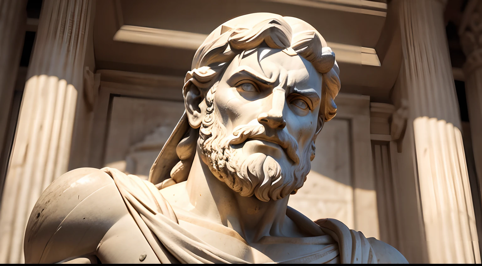 Ancient Greek statue with angry expression, tem barba, Filmado em Sony A7S III com Sony FE 35mm f/1.8, 12.1 MP, --AR 3:2 --estilo cru
