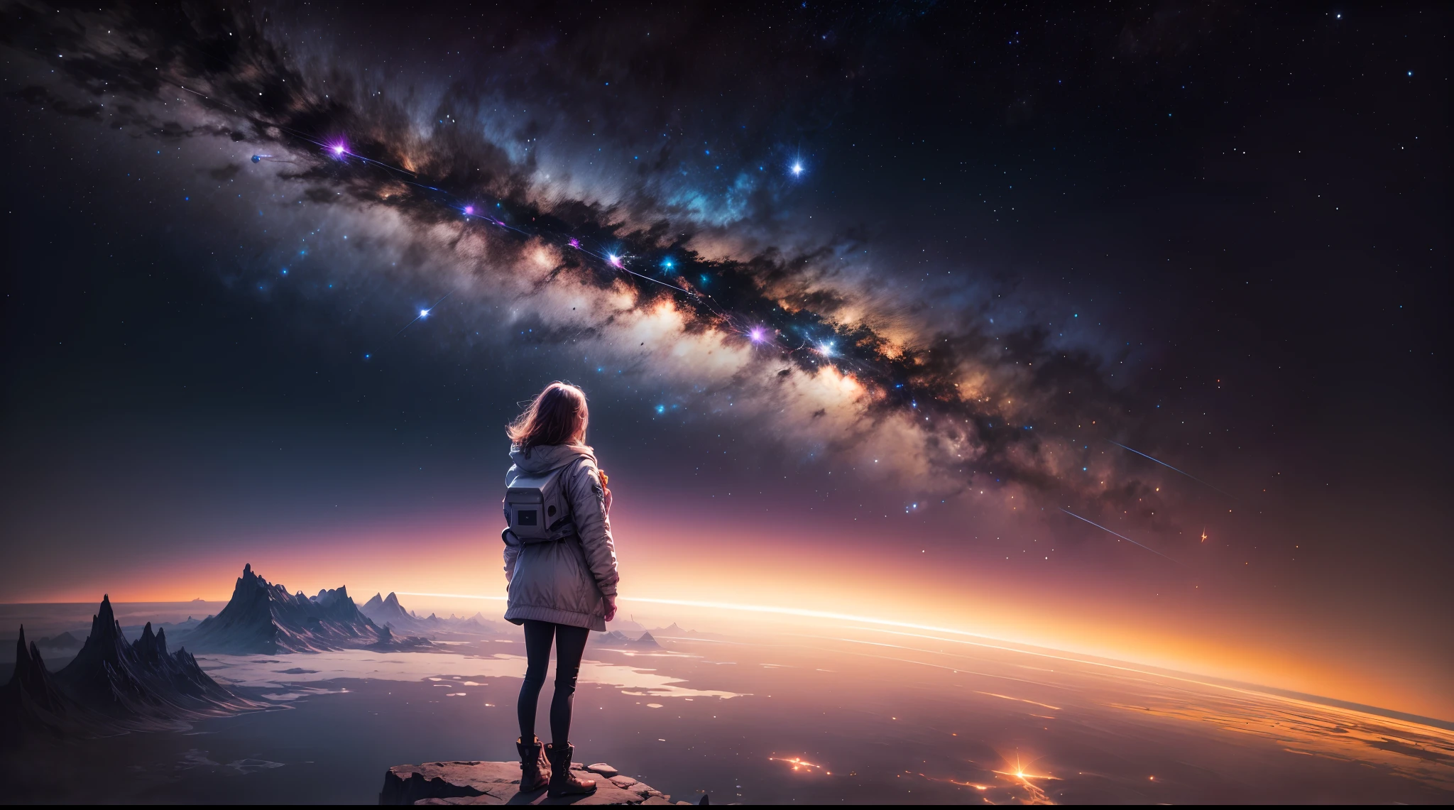 A girl stands on the edge of a majestic space station, overlooking the curvature of the Earth below, as the dazzling stars of the Milky Way paint the backdrop of her awe-inspiring panoramic view, blending the cosmic grandeur with her human presence.