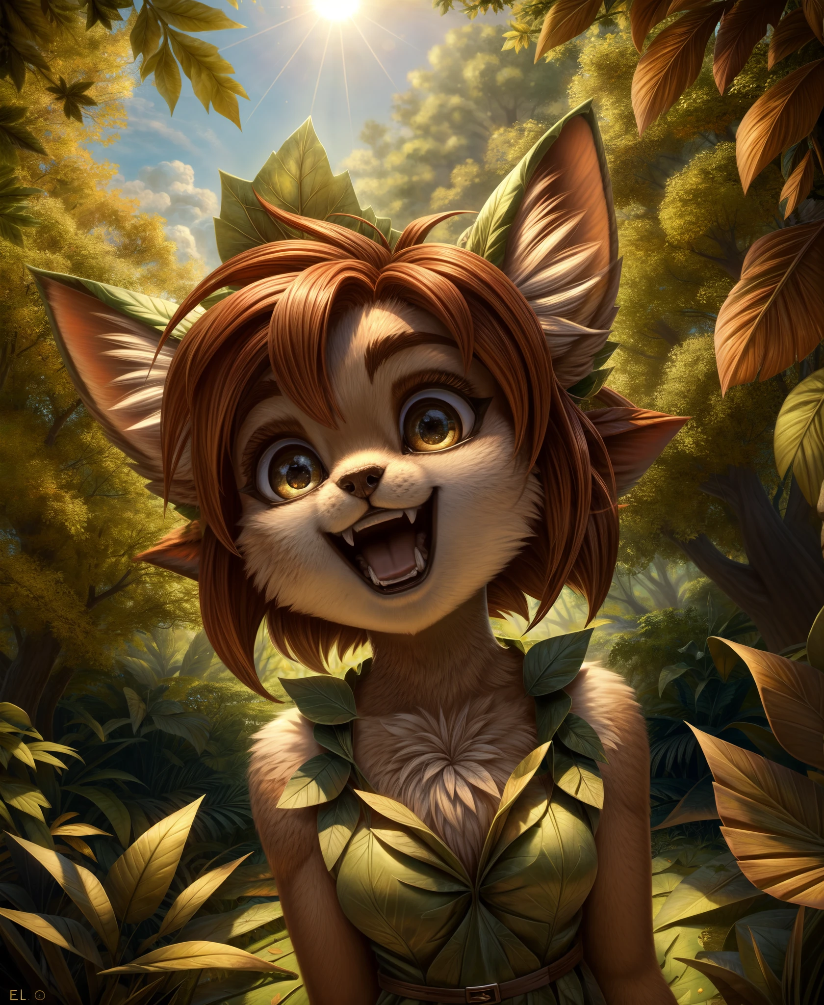 elora furry, detailed and extremely fluffy body fur, fluff, masterpiece, looking up beautiful surroundings, detailed background, happy, leaf-dress,