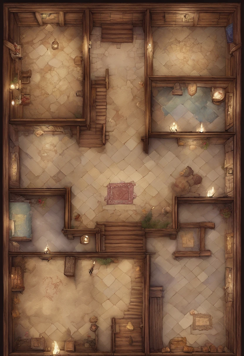 Tiro de cima para baixo de um drone, 2D, Mapa de batalha de casa abandonada de interior bem iluminada, 3 andares, The art destroyed , afluentes, mas humildes, Dungeons and Dragons, Final Fantasy, arte do jogo, (arquitetura e interiores coerentes, with realistic proportions and textures, detalhes intrincados, Hand drawn, vibrante, Cinematic lighting, master part, 8k)