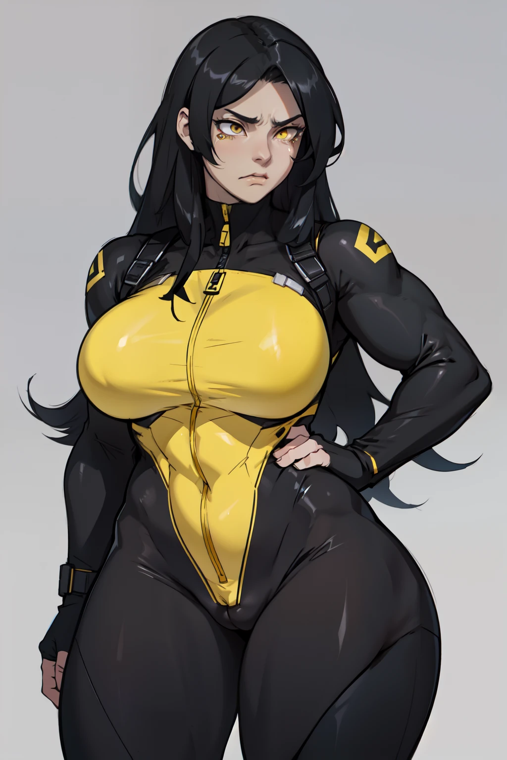 1girl black hair yellow eyes very long hair pale skin angry muscular thick thighs huge breasts curvy wide hips thin waist black bodysuit grey background crying