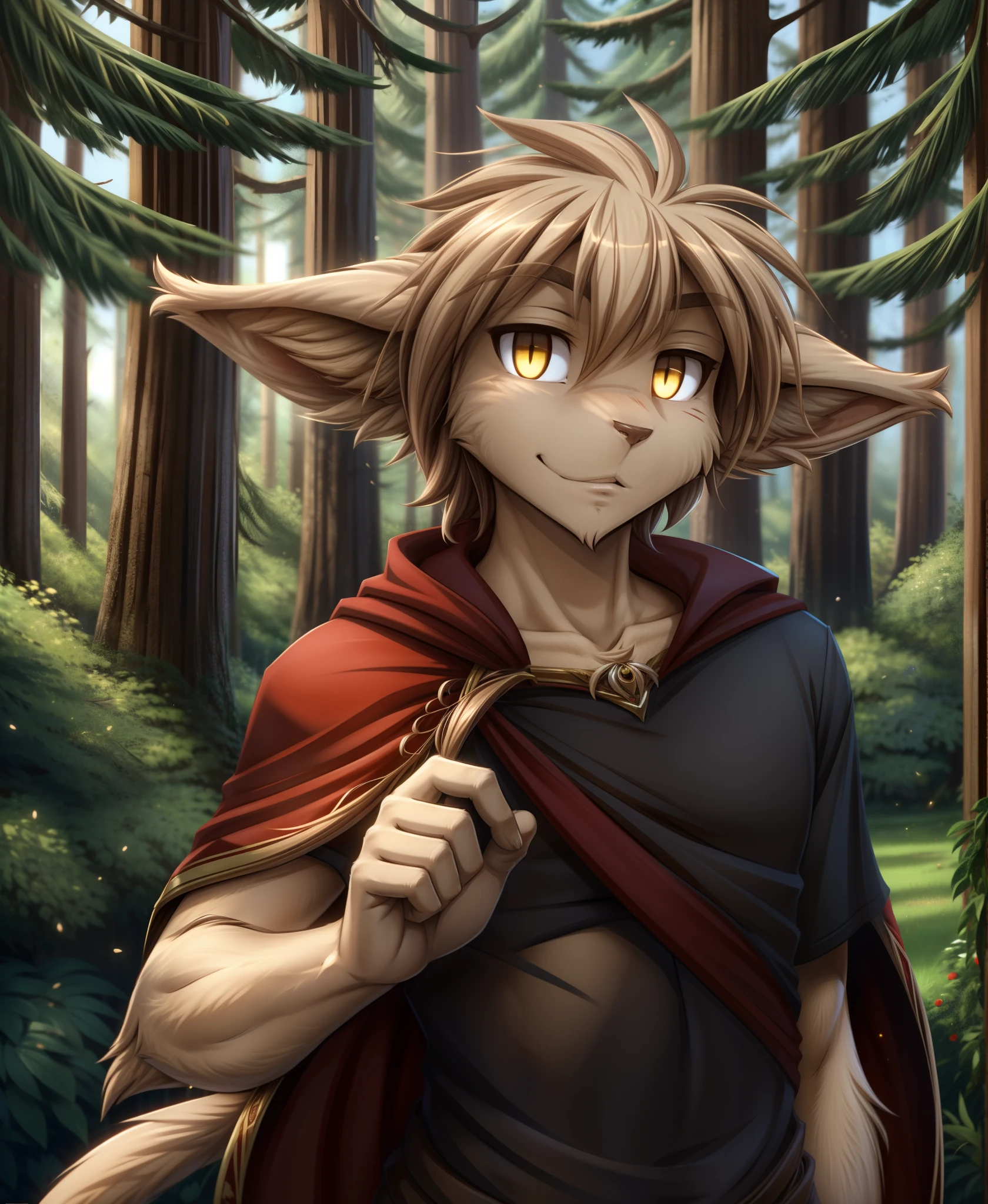 Keith Keiser, keith, Basitin, twokinds, by tom_fischbach,, (best quality, masterpiece:1), solo, furry male anthro, yellow eyes, medium hair, Light Brown hair, body Light Brown, portrait, fingers, finger claws, looking at viewer, tail, long ear down, (outdoors dark forest trees blurry blurred background:1.1),, black shirt, red cape