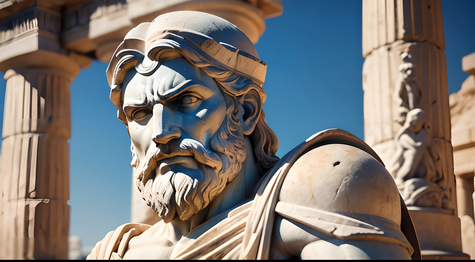 Ancient Greek statue with angry expression, tem barba, Filmado em Sony A7S III com Sony FE 35mm f/1.8, 12.1 MP, --AR 3:2 --estilo cru