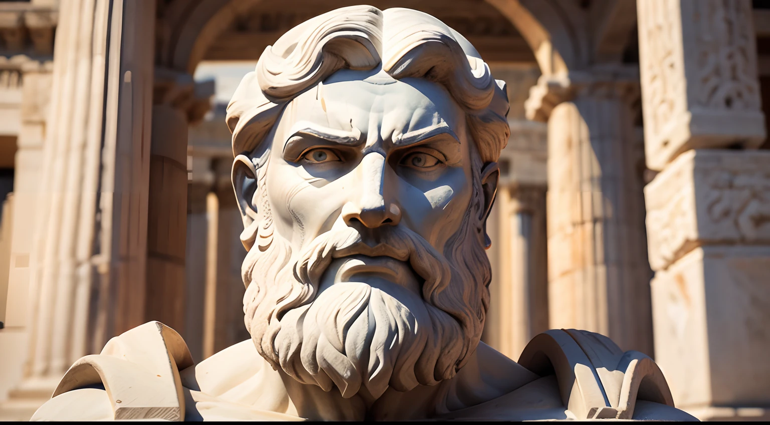 Ancient Greek statue with angry expression, tem barba, Filmado em Sony A7S III com Sony FE 35mm f/1.8, 12.1 MP, --AR 3:2 --estilo cru