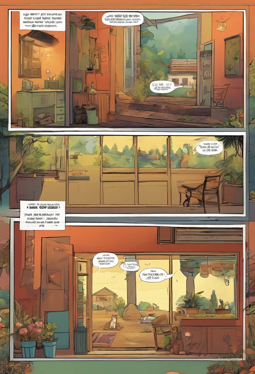 American comics, the comic story is presented in multiple irregular panels with color. The American Shorthair cat goes through hardships while running away from home and then reunites with its owner. The style is exaggerated and detailed