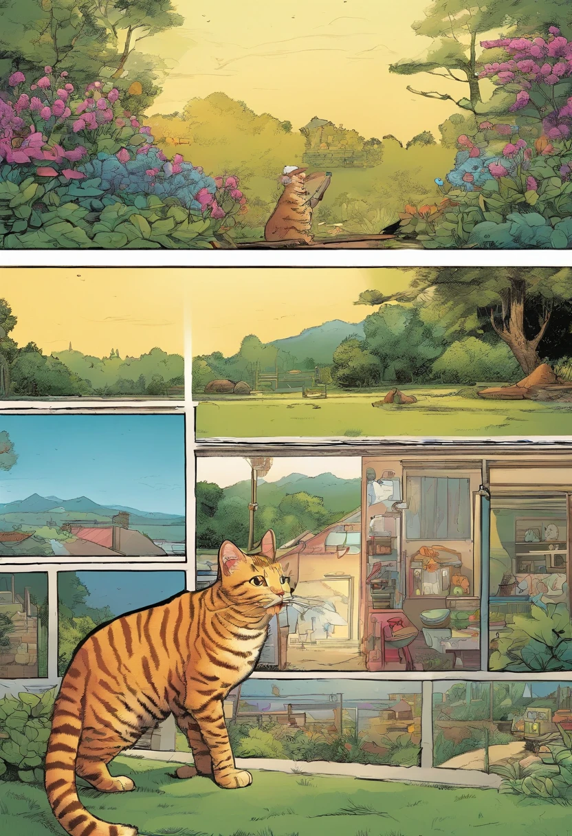American comics, the comic story is presented in multiple irregular panels with color. The American Shorthair cat goes through hardships while running away from home and then reunites with its owner. The style is exaggerated and detailed
