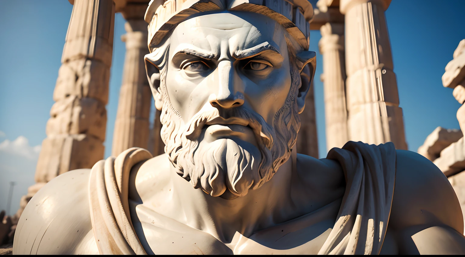 Ancient Greek statue with angry expression, tem barba, Filmado em Sony A7S III com Sony FE 35mm f/1.8, 12.1 MP, --AR 3:2 --estilo cru