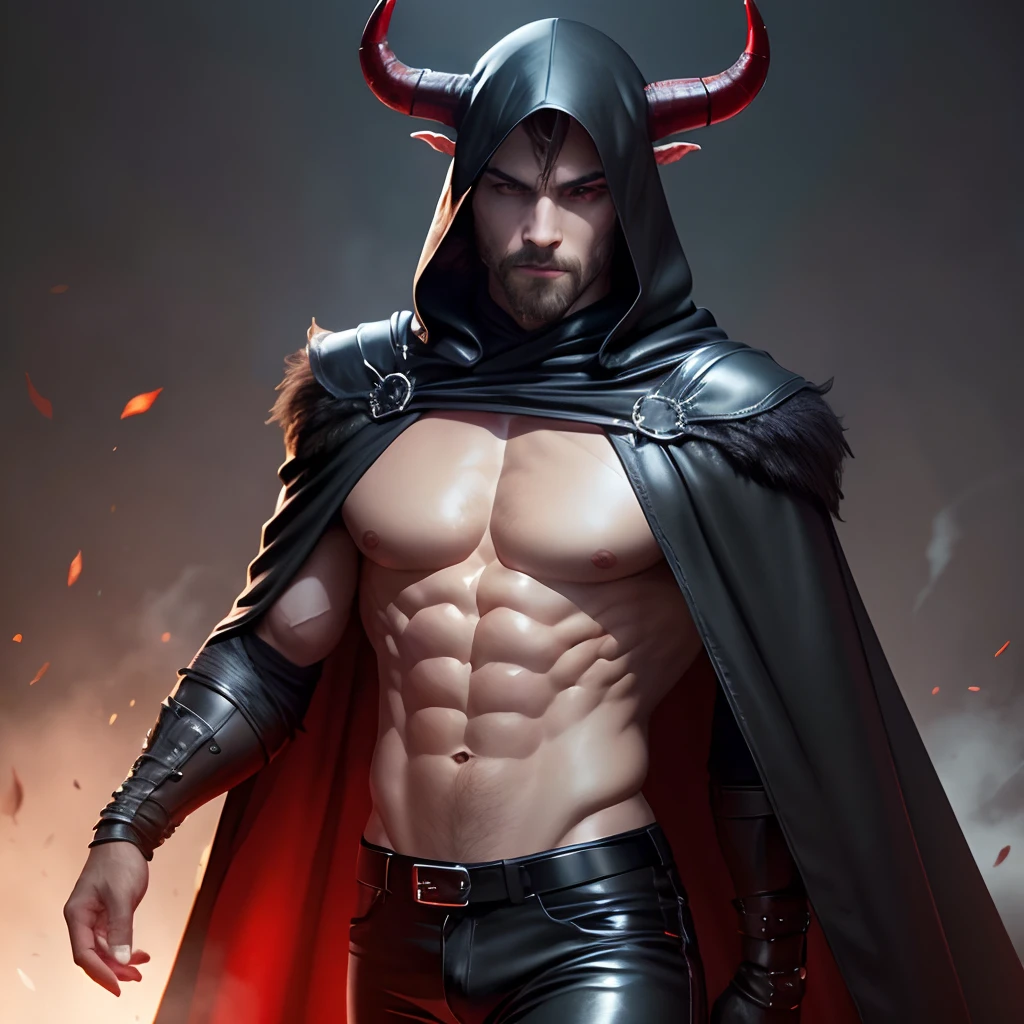 (best quality,realistic:1.37), detailed abs with horns, intense red eyes, sharp teeth, wearing tight black leather pants and a large shallow black leather cloak