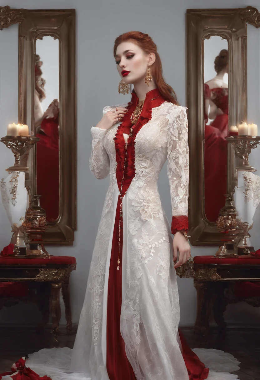 ((Masterpiece: 1.4, Best Quality))+,(Ultra Detail)+, Official Art, Unity 8k Wallpaper, Ultra Detailed, Beautiful, High Quality, Beautiful, Masterpiece, Best Quality, (Flat Chest), Full Body, Standing Painting, White Background, Red Straight Hair, Gloomy Eyes, Black Little Snake, White Theme, Red Jewelry, Studs, Black Lace Flats, Asymmetrical Skirt, Blood Stains on Skirt, Devil, Skeleton, Lots of Lace